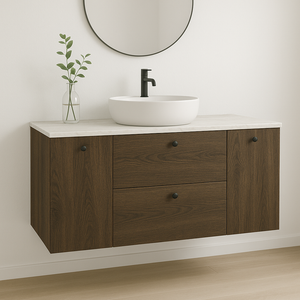 Waschtischunterschrank 120 cm mit 2 Türen und 2 Schubladen Beti - Walnuss Dunkel/Marmur Bianco