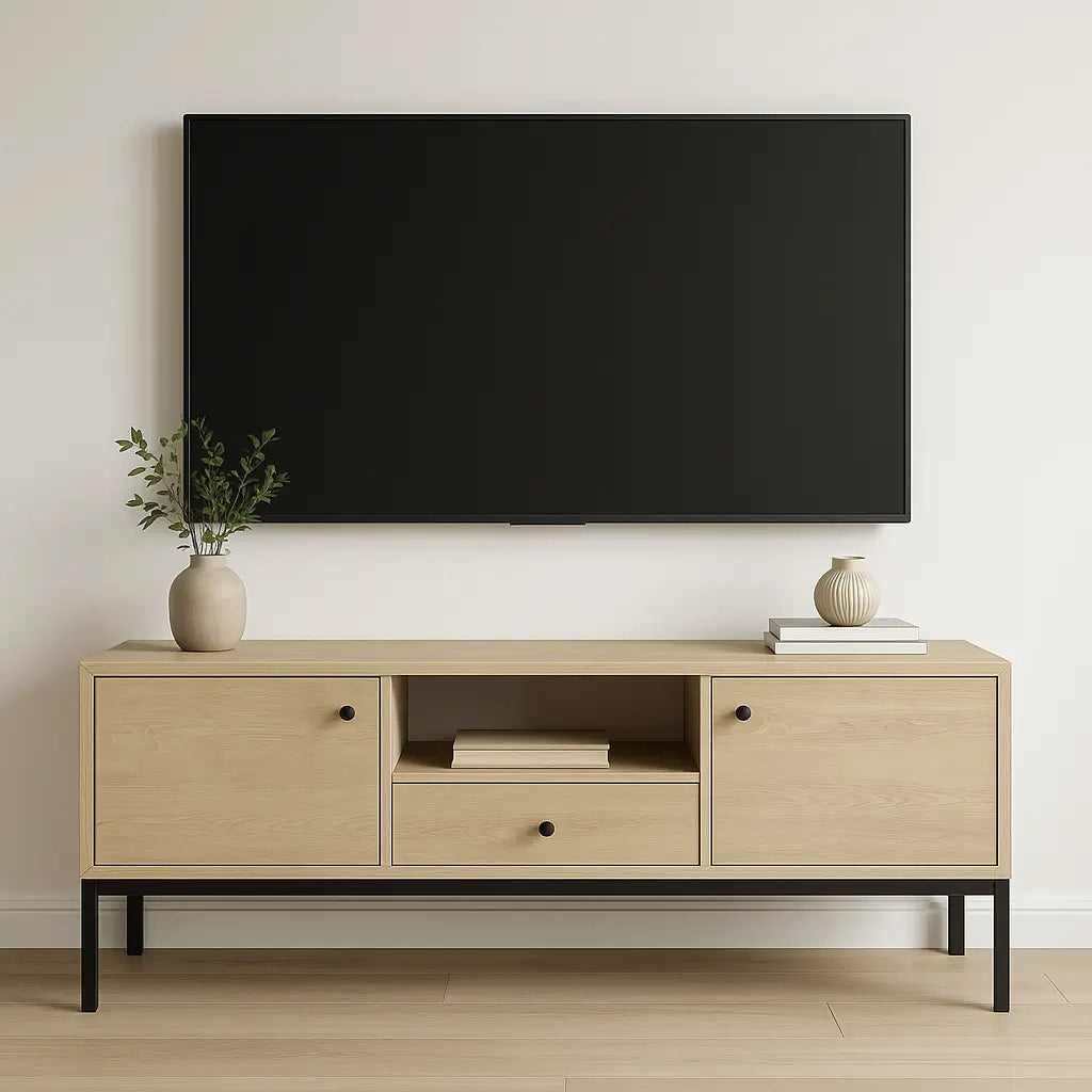 TV Schrank 150 cm, 3 Türen, glatte Fronten, auf einem schwarze Metallrahmen Gaja - Eiche Cremona