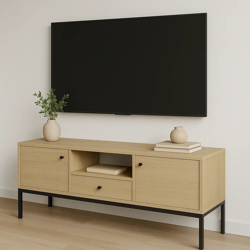 TV Schrank 150 cm, 3 Türen, glatte Fronten, auf einem schwarze Metallrahmen Gaja - Eiche Cremona