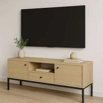 TV Schrank 150 cm, 3 Türen, glatte Fronten, auf einem schwarze Metallrahmen Gaja - Eiche Cremona