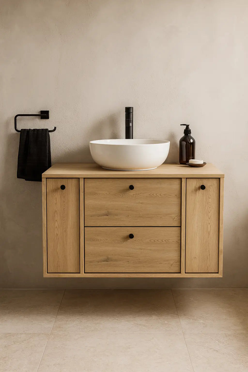 Waschtischunterschrank 100 cm mit 2 Regal, glatte Fronten Belino - Eiche Cremona