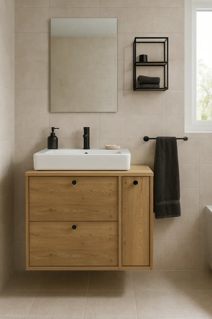 Waschtischunterschrank 80 cm mit Regal, glatte Fronten Belino - Eiche Cremona