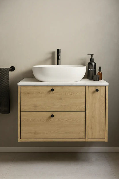 Waschtischunterschrank 80 cm mit Regal, glatte Fronten Belino - Eiche Cremona/Marmor Bianco