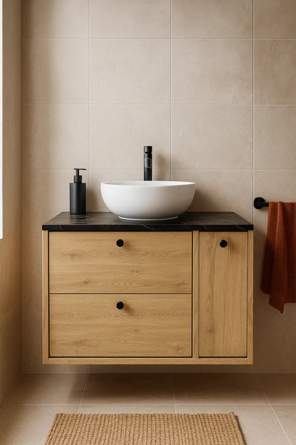 Waschtischunterschrank 80 cm mit Regal, glatte Fronten Belino - Eiche Cremona/Marmor Schwarz