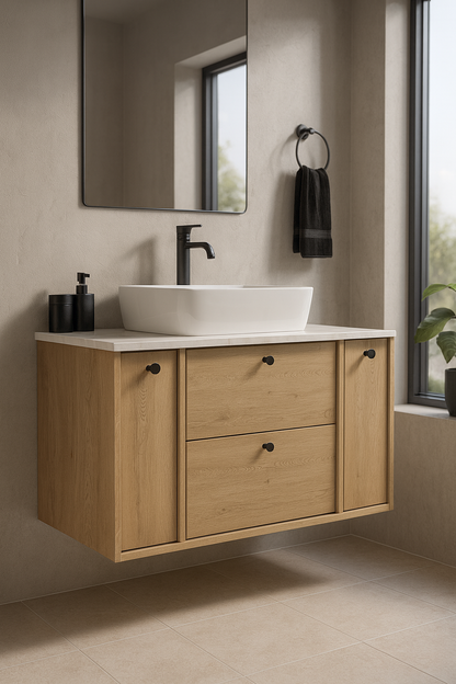 Waschtischunterschrank 100 cm mit 2 Regal, glatte Fronten Belino - Eiche Cremona/Marmor Bianco