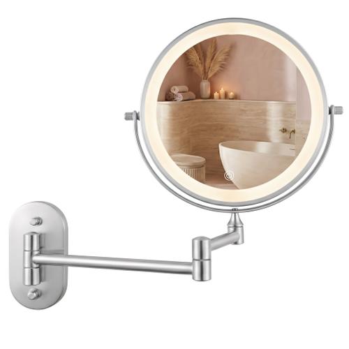 Wand-Kosmetikspiegel LED Old Gold in Altgold-Finish, beidseitig mit 3-facher Vergrößerung, LED-Beleuchtung und verstellbarem Gelenkarm im Vintage-Stil.