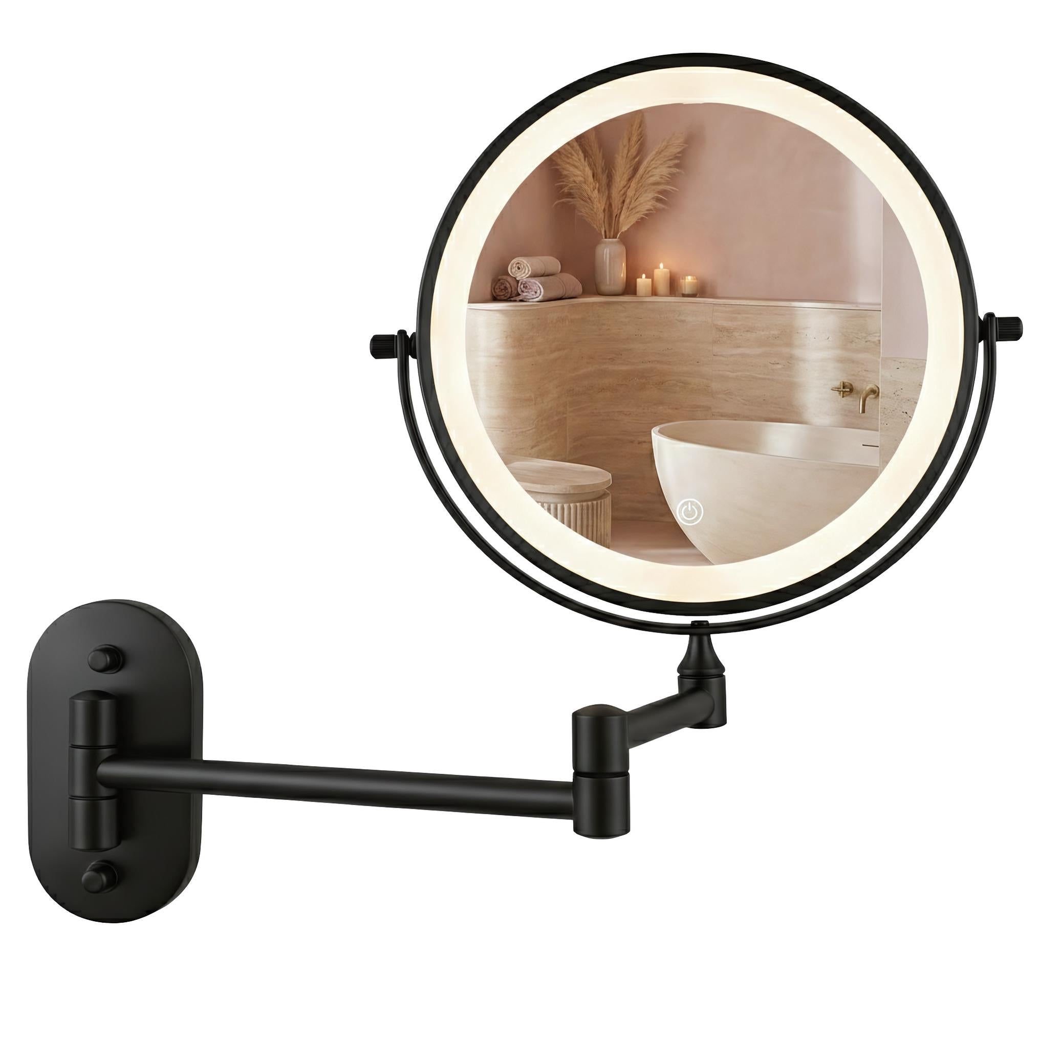 Wand-Kosmetikspiegel LED Glow in mattem Schwarz, beidseitig mit 3-facher Vergrößerung, LED-Beleuchtung und verstellbarem Gelenkarm im Loft-Stil.