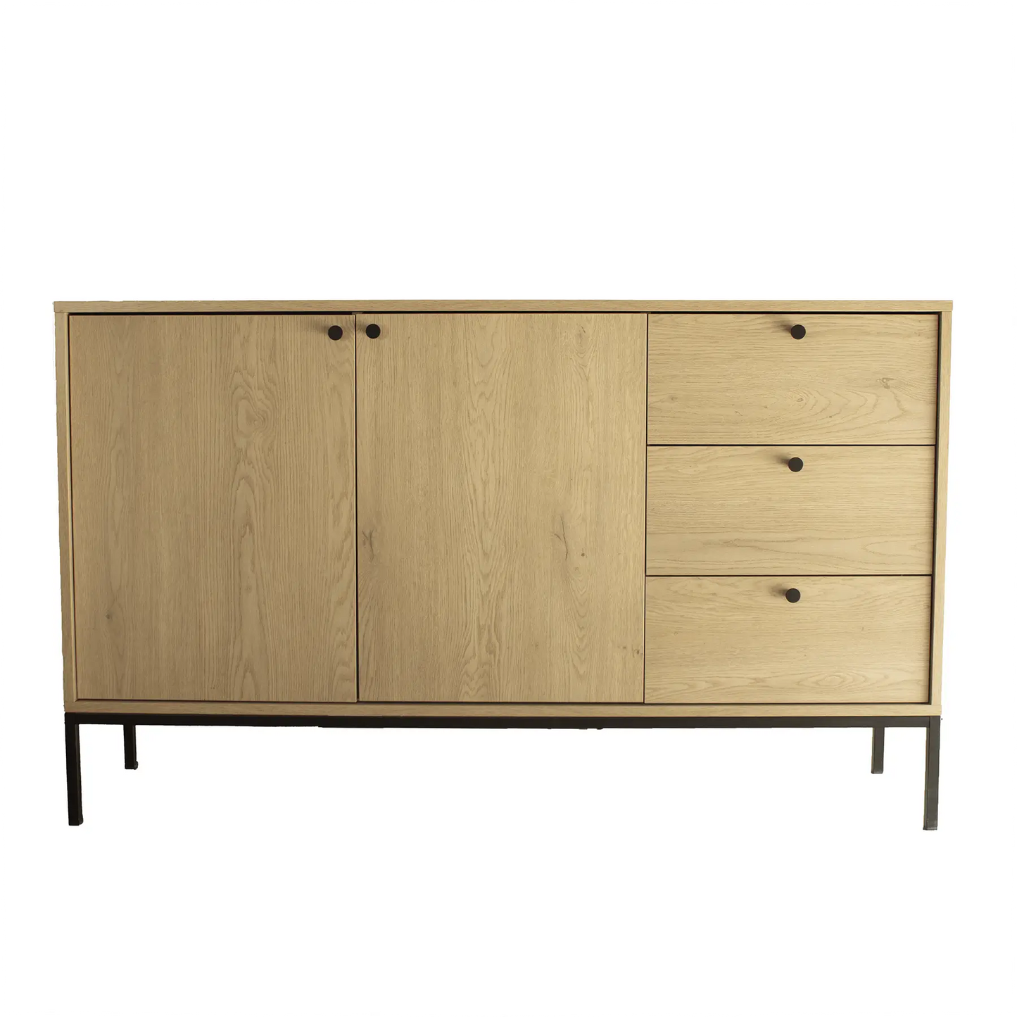 Kommode 150 cm, 2 Türen, 3 Schubladen, glatte Fronten, auf einem schwarze Metallrahmen Gaja - Eiche Cremona