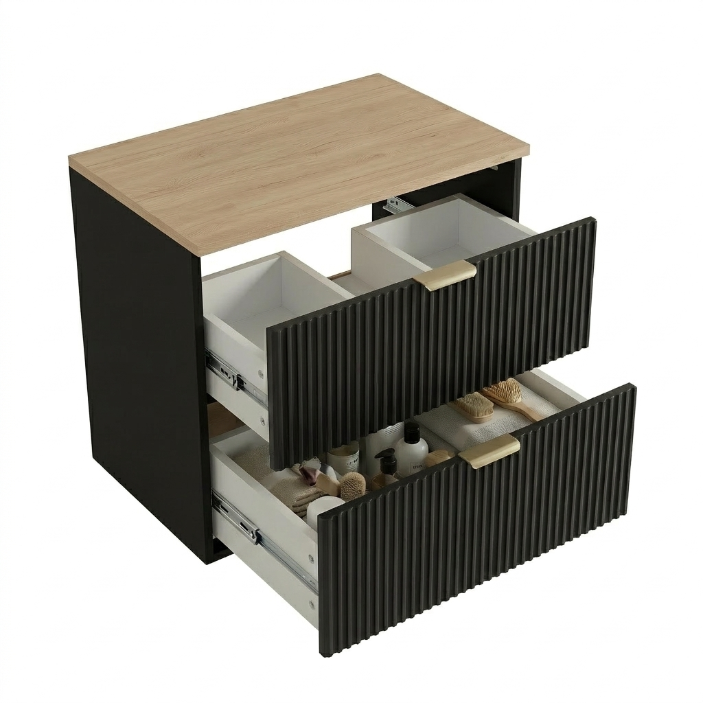 Waschtischunterschrank mit 2 Schubladen 60 cm Willy - Schwarz, Walnussplatte