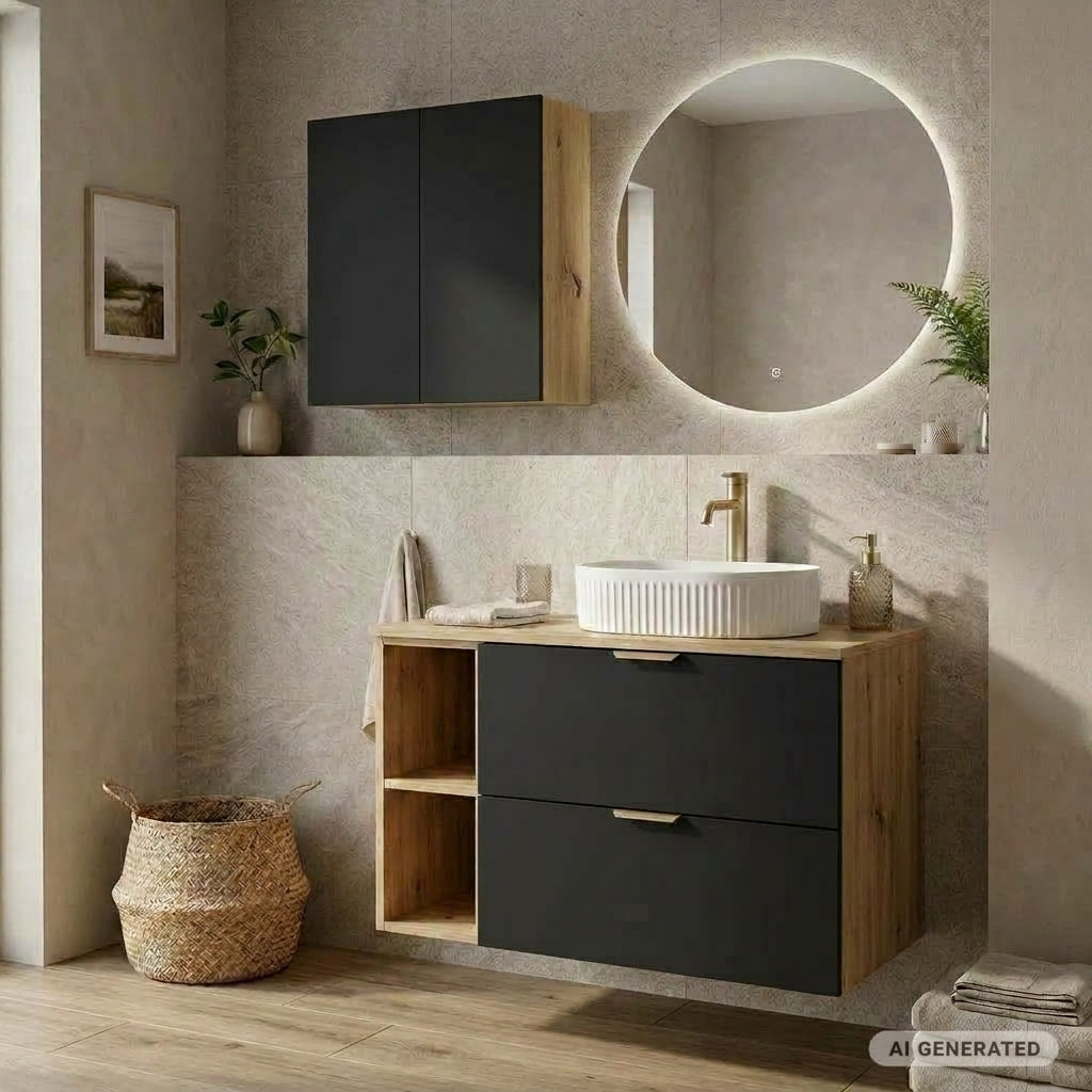 Hängender Badezimmerschrank 60 cm mit 2 Türen Orio - Schwarz/Eiche artisan