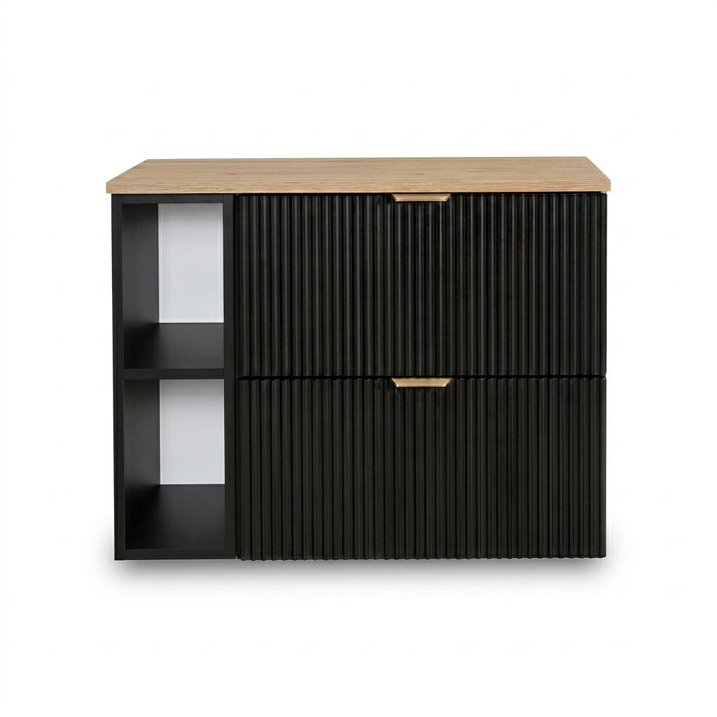 Waschtischunterschrank 80 cm mit Regal Willy - Schwarz, Walnussplatte