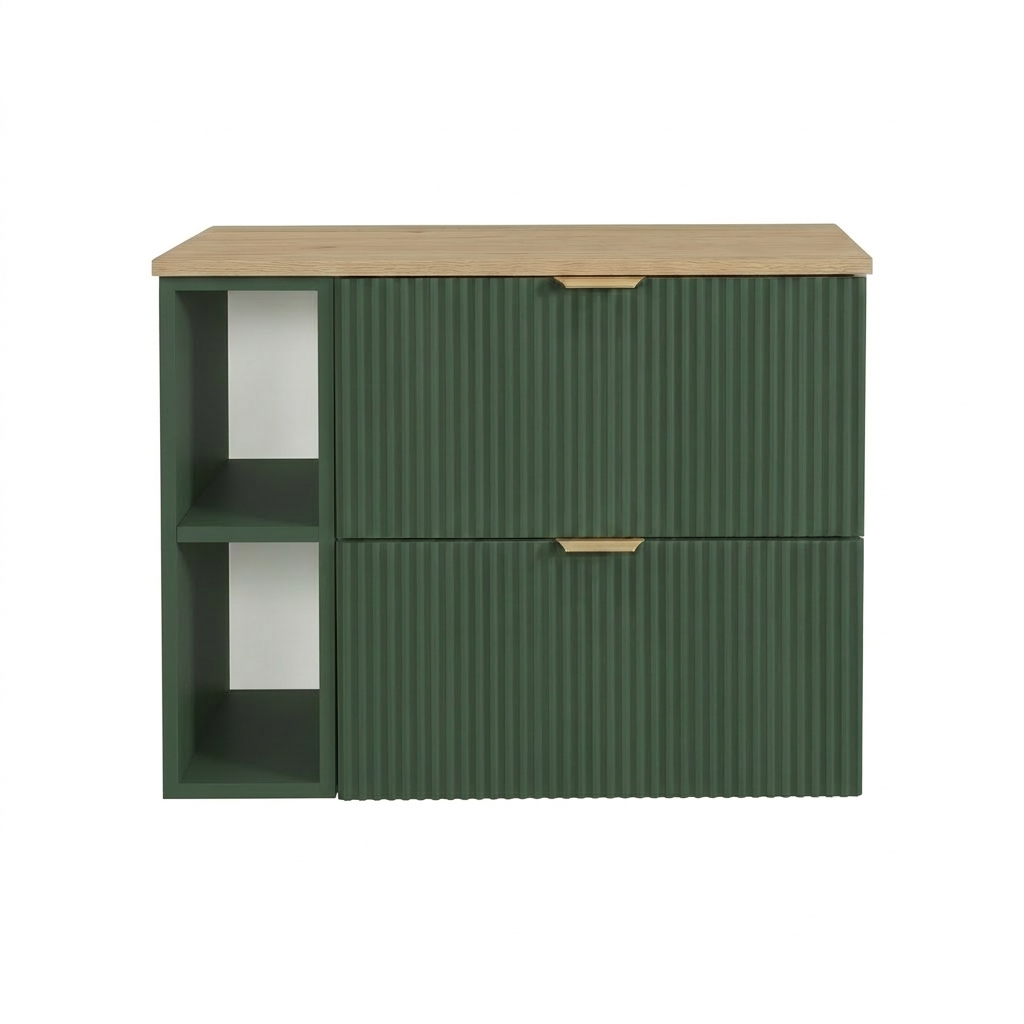 Waschtischunterschrank 80 cm mit Regal Willy - Salbei, Walnussplatte