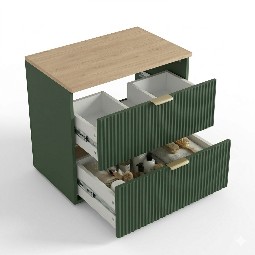 Waschtischunterschrank 80 cm mit Regal Willy - Salbei, Walnussplatte