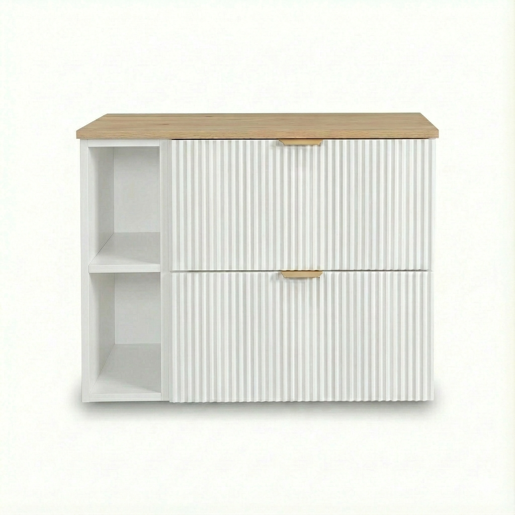 Waschtischunterschrank 80 cm mit Regal Willy - Weiß, Walnussplatte
