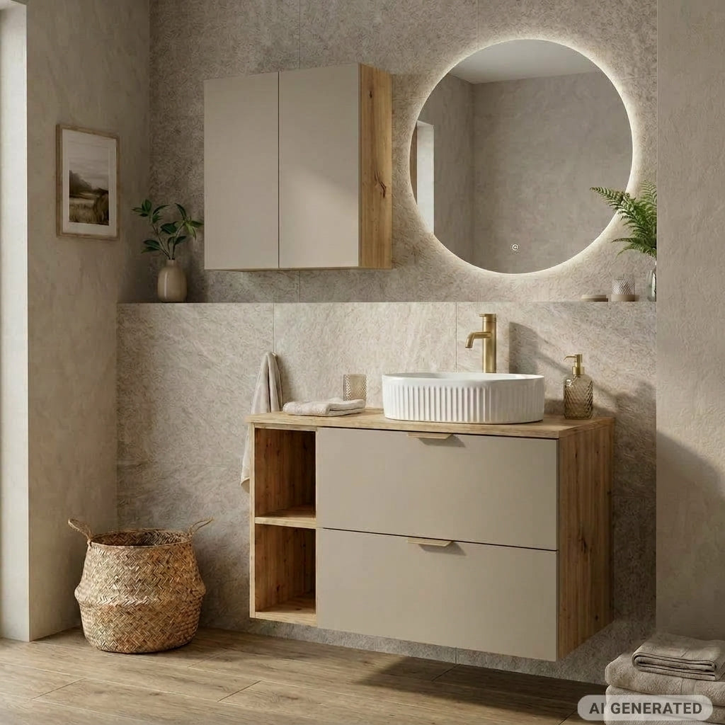 Hängender Badezimmerschrank 60 cm mit 2 Türen Orio - Kaschmir/Eiche artisan