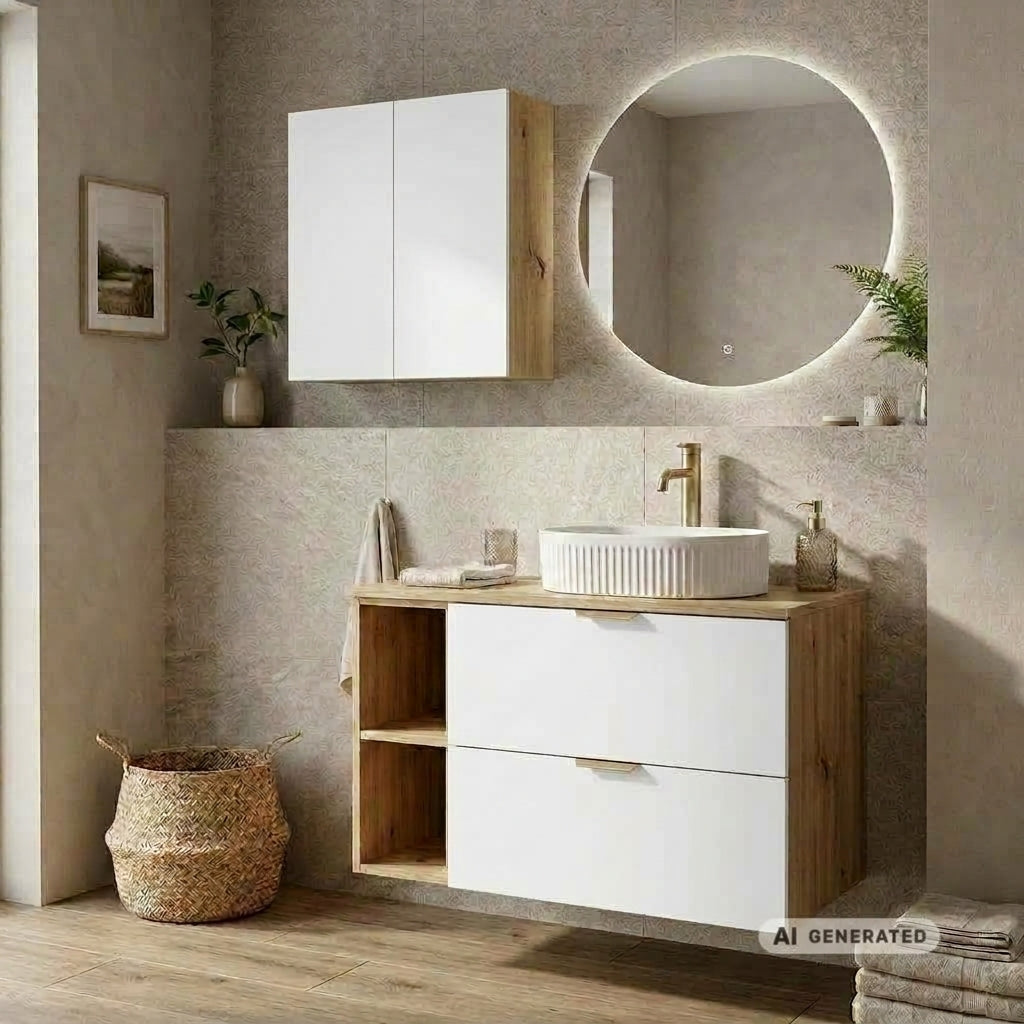Hängender Badezimmerschrank 60 cm mit 2 Türen Orio - Weiß/Eiche artisan