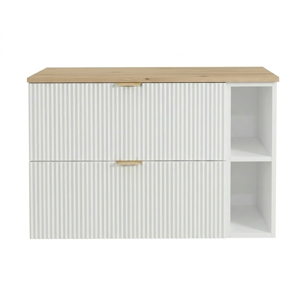 Waschtischunterschrank mit Regal 100 cm mit Regal Willy - Weiß, Walnussplatte