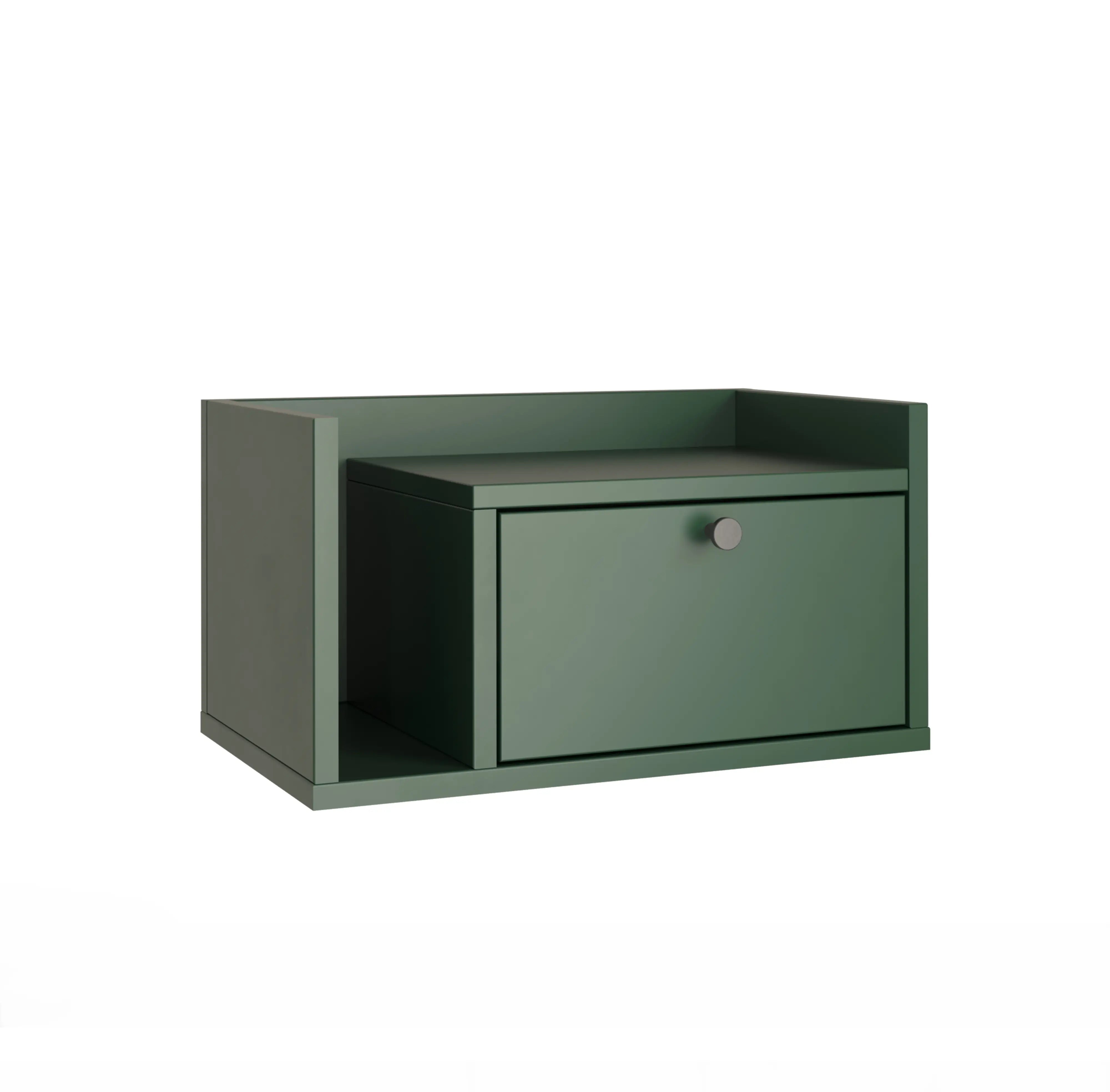 Nachttisch, wandmontiert, mit Schublade und Ablage in Salbei Aura. Dieser moderne Nachttisch kombiniert praktischen Stauraum mit einem eleganten Design. Die Schublade bietet Platz für kleine Utensilien, während die offene Ablagefläche ideal für Bücher, Dekoration oder andere persönliche Gegenstände ist. Die wandmontierte Konstruktion sorgt für einen schwebenden Look und spart Platz. Die sanfte, beruhigende Salbei Aura-Farbgebung bringt eine frische und harmonische Atmosphäre in Ihr Schlafzimmer. Perfekt für