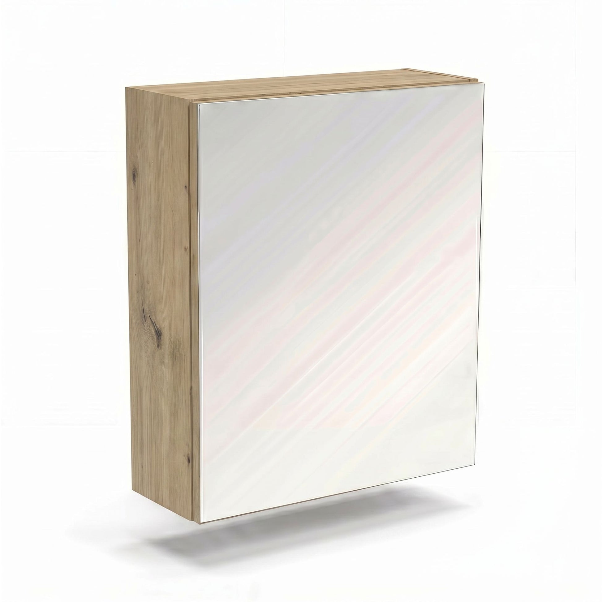 Hängender Badezimmerschrank mit Spiegel 60 cm im Dekor Eiche Artisan, mit Einlegeböden, zur Montage über dem Waschbecken im Badezimmer.