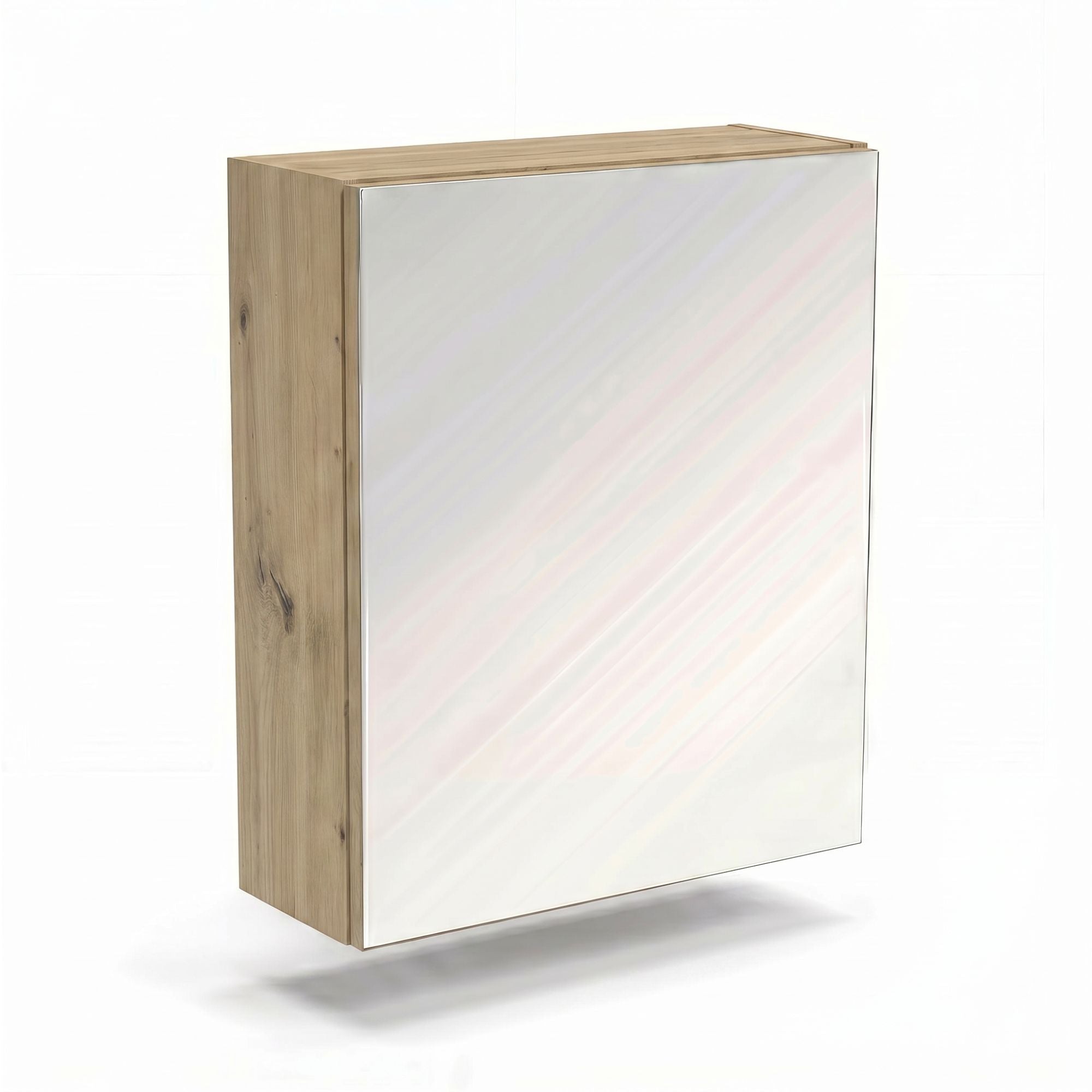 Hängender Badezimmerschrank mit Spiegel 60 cm im Dekor Eiche Artisan, mit Einlegeböden, zur Montage über dem Waschbecken im Badezimmer.