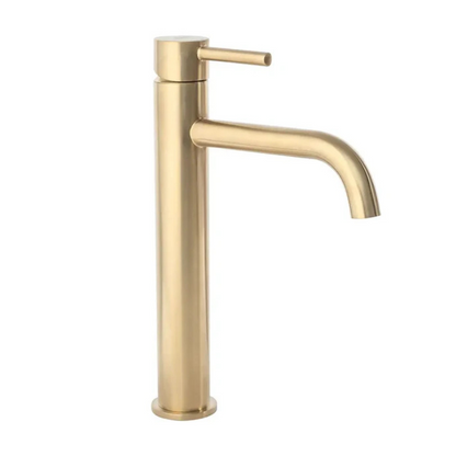 Hohe Waschtischarmatur Lungo Gebürstetes Gold – elegantes, hohes Design, langlebiger Messingkörper, keramische Kartusche, Perlator, ideal für Aufsatzwaschbecken im Badezimmer.