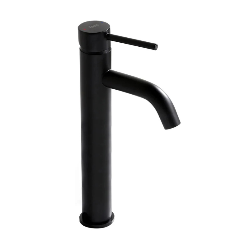 Hohe Waschtischarmatur Lungo Schwarz – schlankes, minimalistisches Design, langlebiger Messingkörper, keramische Kartusche, Perlator, ideal für Aufsatzwaschbecken.