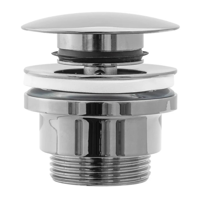 Klik-Klak Universalstopfen in Chrom – Push-to-Open-Funktion, passend für Waschbecken mit oder ohne Überlauf, langlebig und stilvolles Accessoire für moderne Badezimmer.