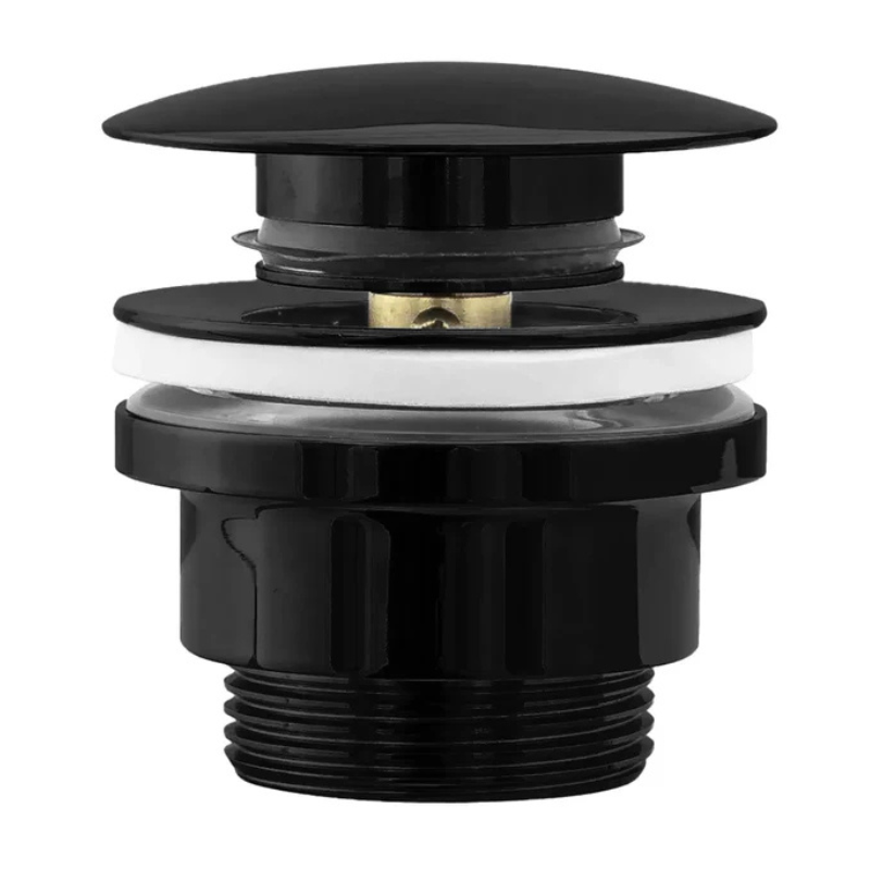 Klik-Klak Universalstopfen in metallischem Schwarz – Push-to-Open-Funktion, passend für Waschbecken mit oder ohne Überlauf, langlebig, pflegeleicht und stilvolles Accessoire für moderne Badezimmer.