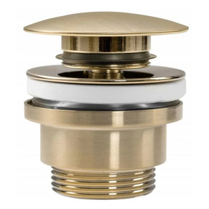 Klik-Klak Universalstopfen in gebürstetem Gold – Push-to-Open-Funktion, passend für Waschbecken mit oder ohne Überlauf, langlebig und stilvolles Accessoire für hochwertige Badezimmer.