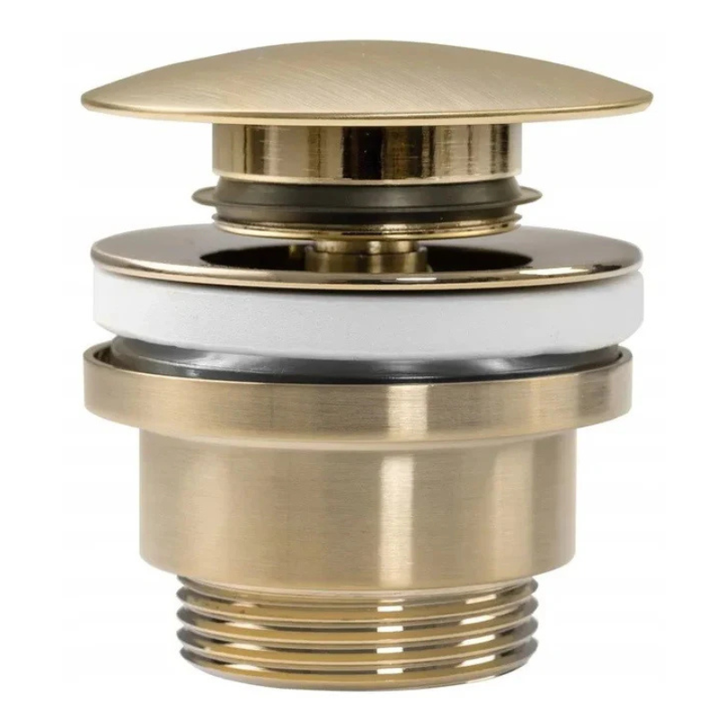 Klik-Klak Universalstopfen in gebürstetem Gold – Push-to-Open-Funktion, passend für Waschbecken mit oder ohne Überlauf, langlebig und stilvolles Accessoire für hochwertige Badezimmer.