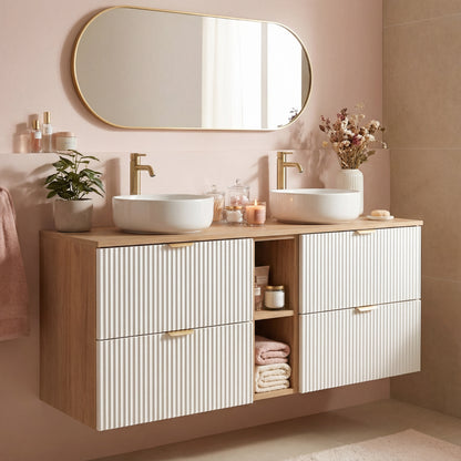 Waschtischunterschrank 140 cm mit Regal Willy - Weiß/Walnuss