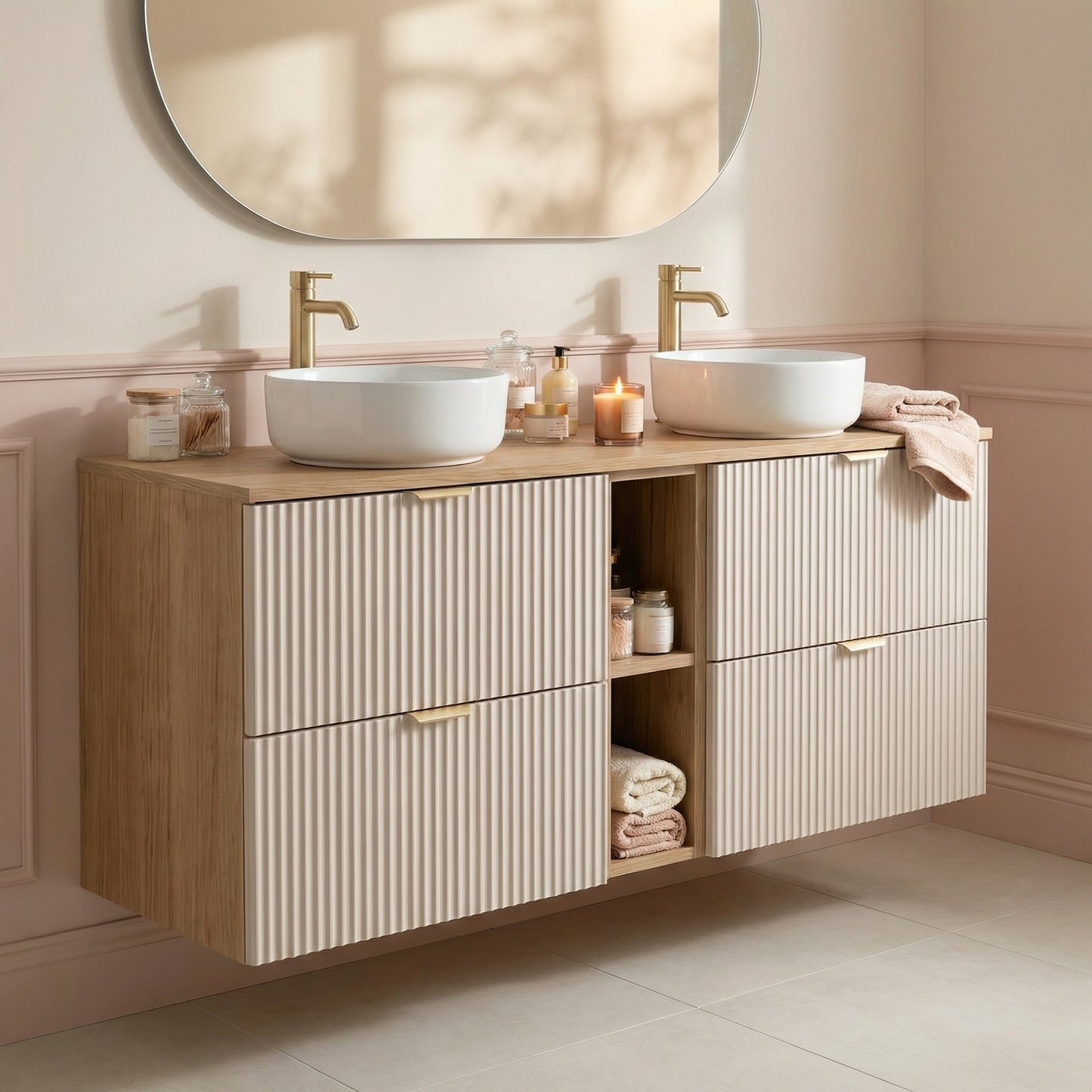 Waschtischunterschrank 140 cm mit Regal Willy - Kaschmir/Walnuss