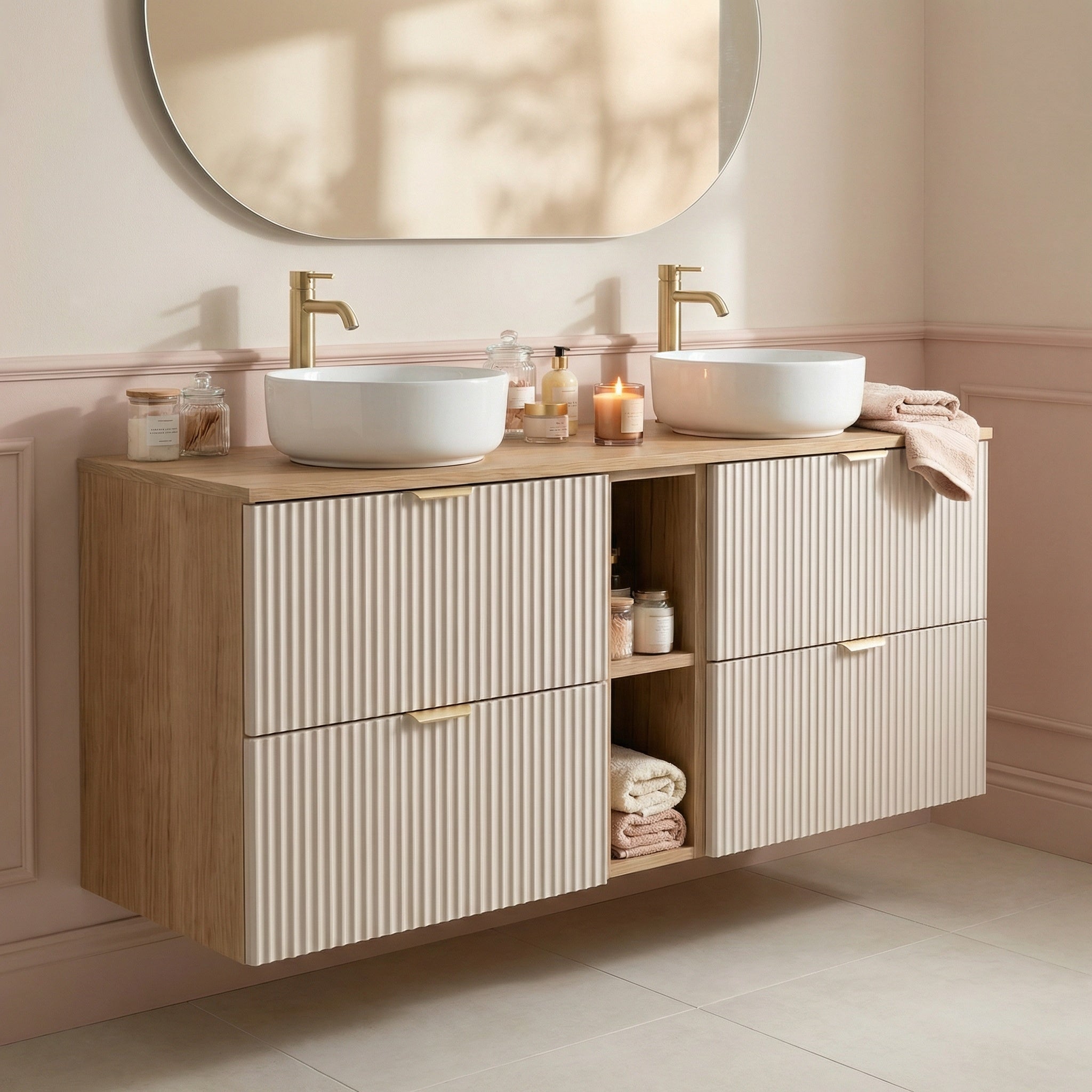 Waschtischunterschrank 140 cm mit Regal Willy - Kaschmir/Walnuss