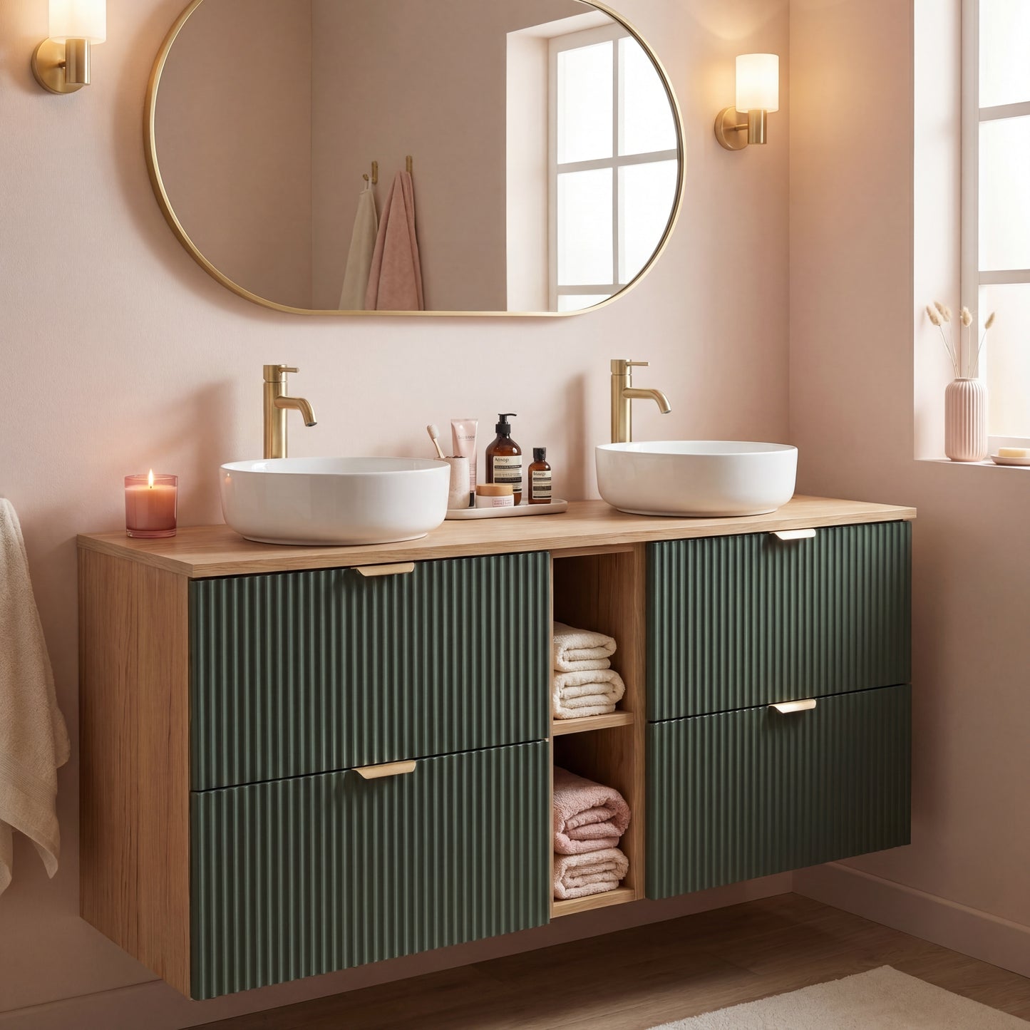 Waschtischunterschrank 140 cm mit Regal Willy - Salbei/Walnuss