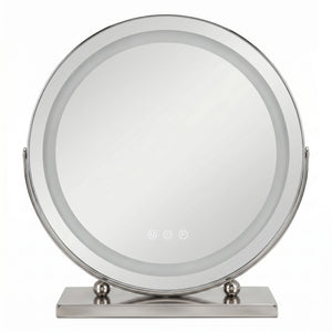 Runder LED-Kosmetikspiegel 40 cm in Chrom mit Touch-Bedienung, drei Lichtfarben und verstellbarem Neigungswinkel für Make-up und Pflege.
