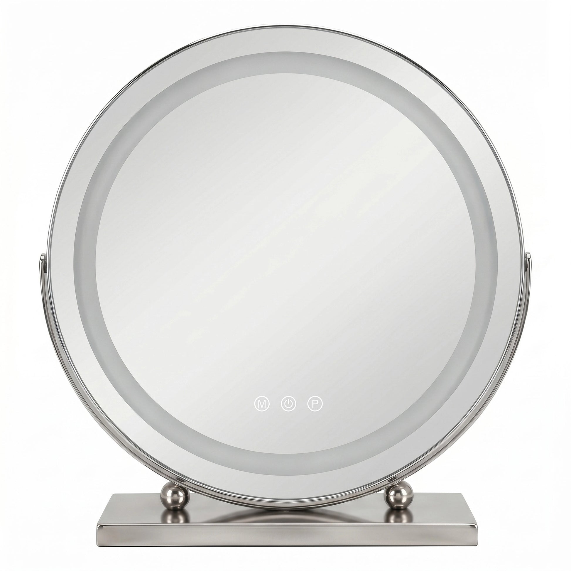 Runder LED-Kosmetikspiegel 40 cm in Chrom mit Touch-Bedienung, drei Lichtfarben und verstellbarem Neigungswinkel für Make-up und Pflege.
