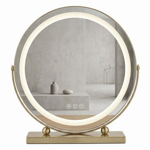 Runder LED-Kosmetikspiegel 40 cm in Gold mit Touch-Steuerung, 3 Lichtfarben und verstellbarem Neigungswinkel für Make-up.