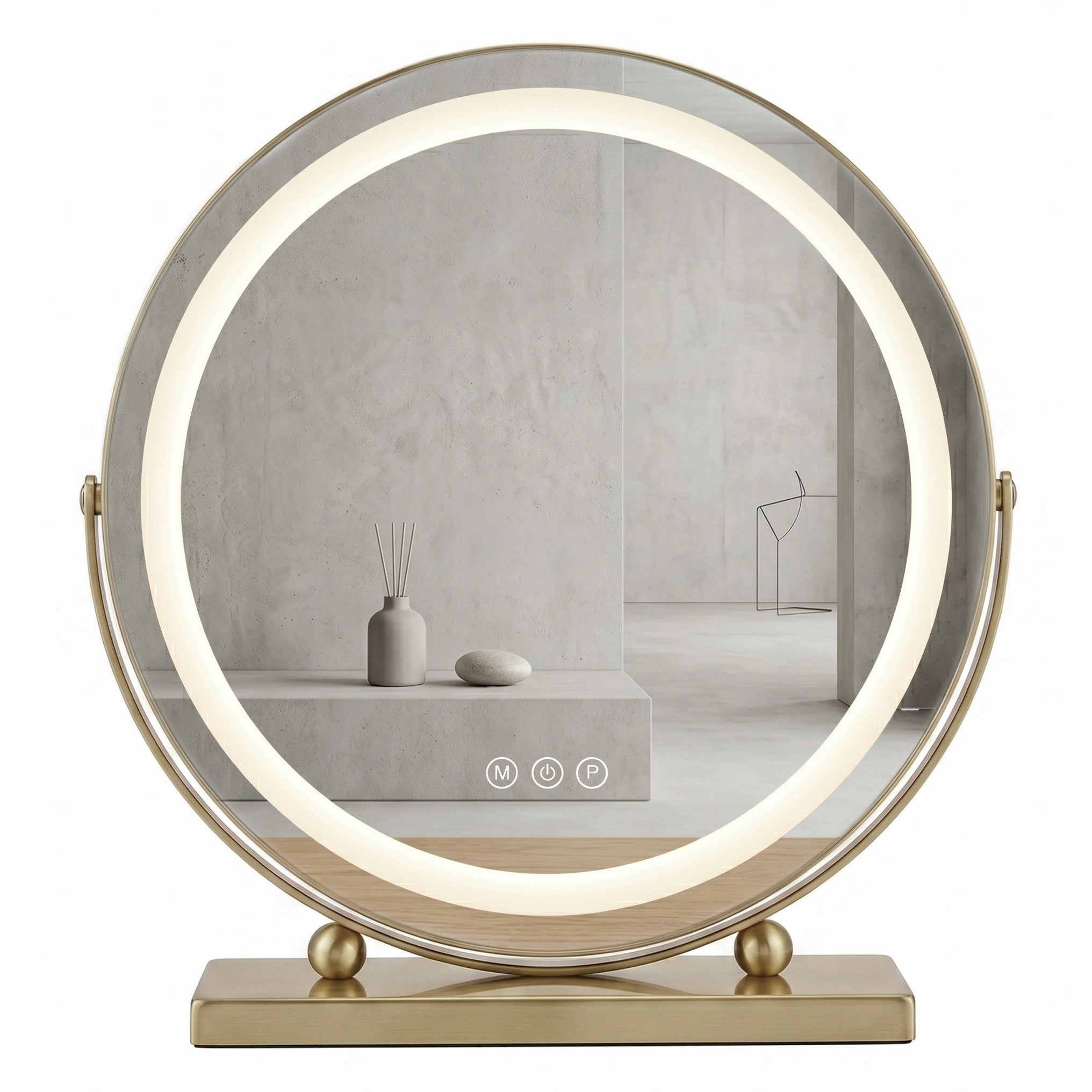 Runder LED-Kosmetikspiegel 40 cm in Gold mit Touch-Steuerung, 3 Lichtfarben und verstellbarem Neigungswinkel für Make-up.