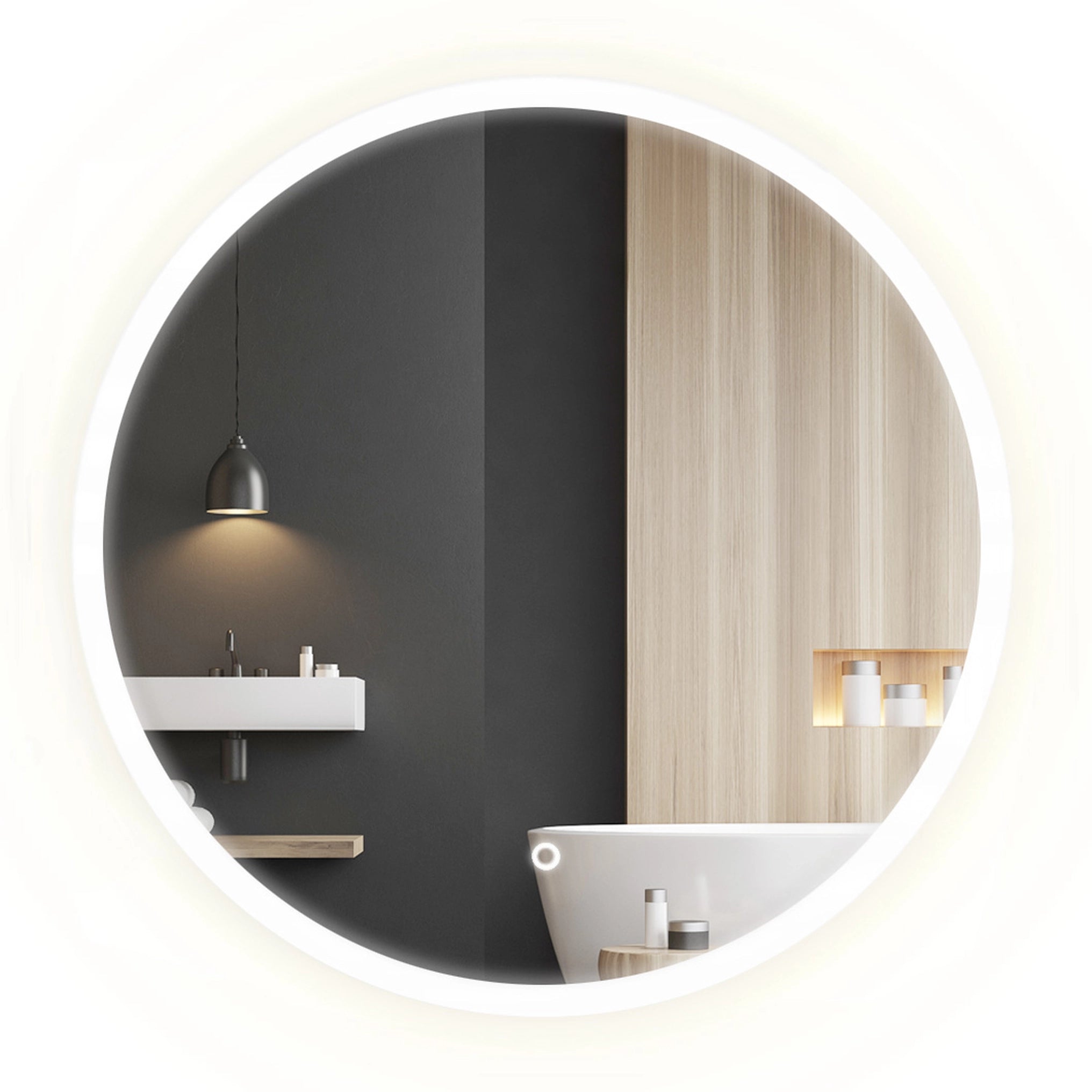 Runder LED-Wandspiegel für das Badezimmer mit 80 cm Durchmesser, drei Lichtfarben, regulierbarer Helligkeit und komfortabler Touch-Bedienung.