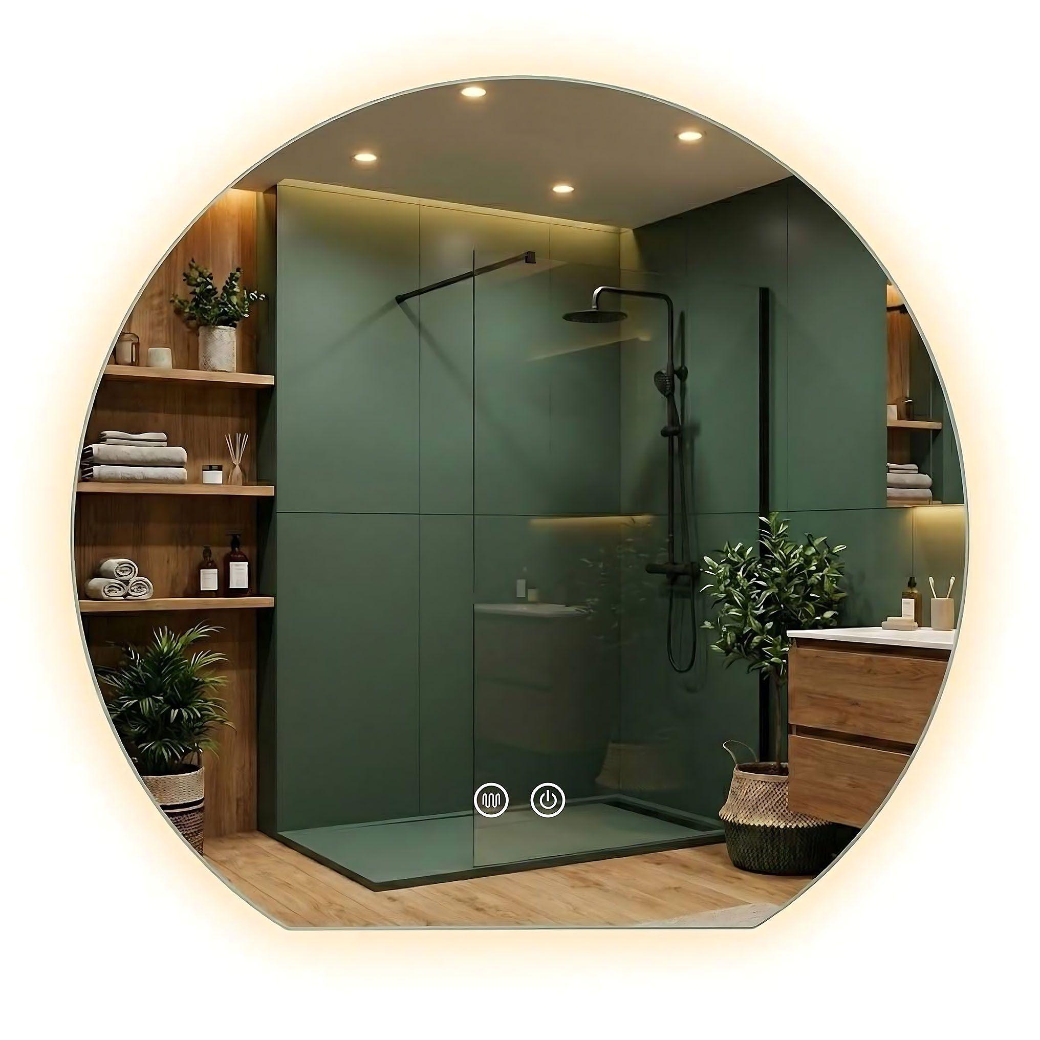 Ovale LED-Spiegel Rea Fabio mit abgeflachter Unterkante, moderner Touch-Bedienung und integrierter LED-Beleuchtung im stilvollen Badezimmer.