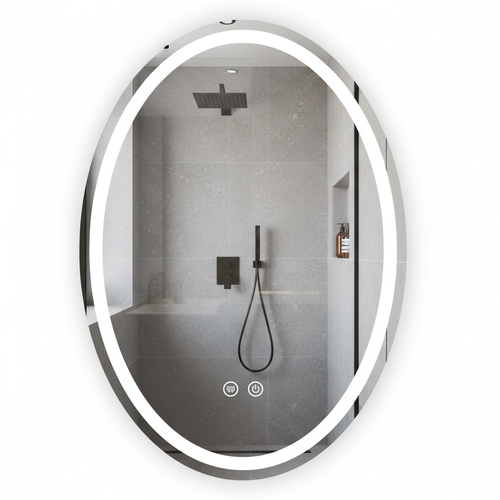 Ovaler LED-Badezimmerspiegel Rea Marco 60×80 cm mit durchgehender Lichtleiste, Anti-Beschlag-Funktion und Touch-Steuerung im modernen Badezimmer.