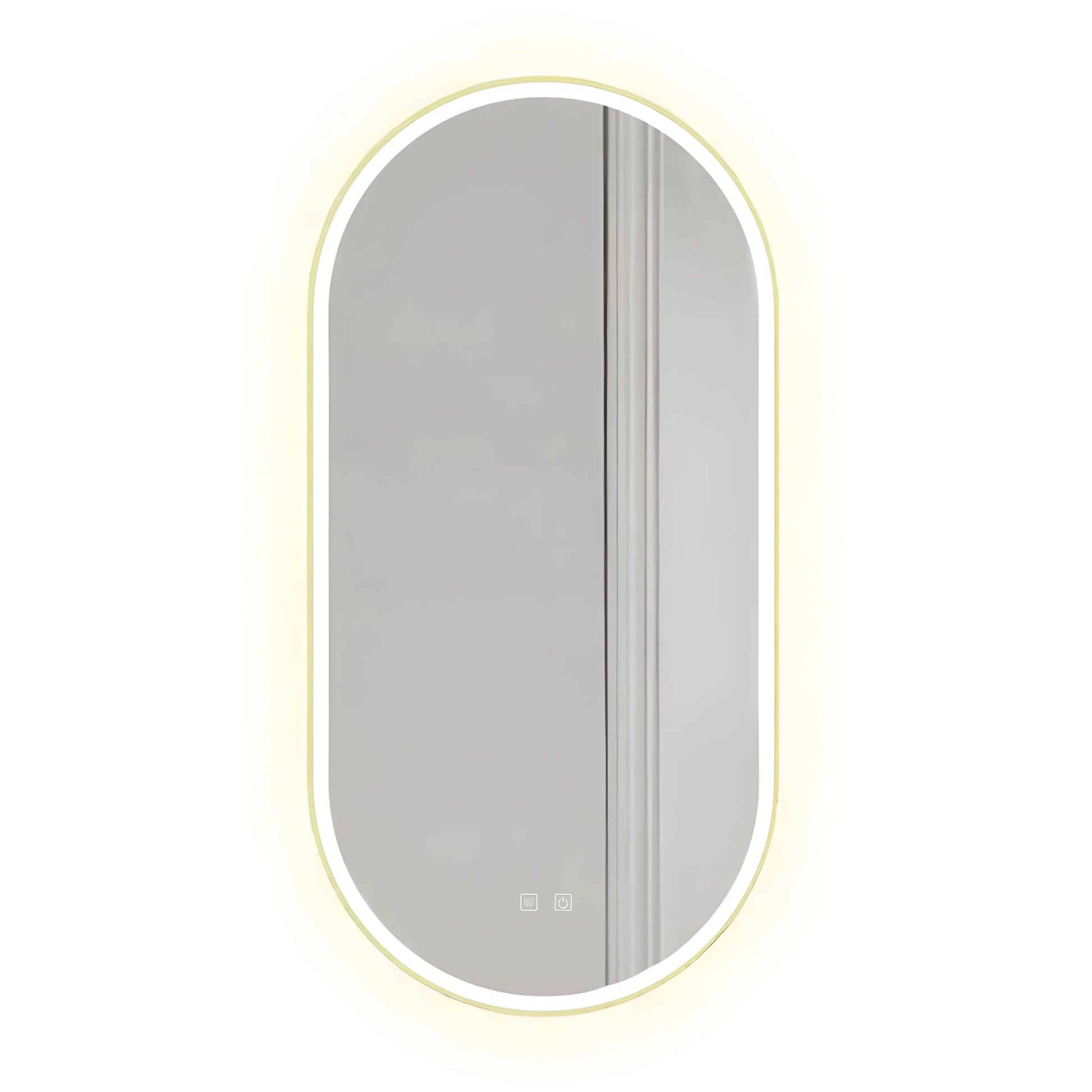 Moderner ovaler LED-Spiegel 50x100 cm mit goldfarbenem Aluminiumrahmen, dimmbarer Beleuchtung und Anti-Beschlag-Funktion