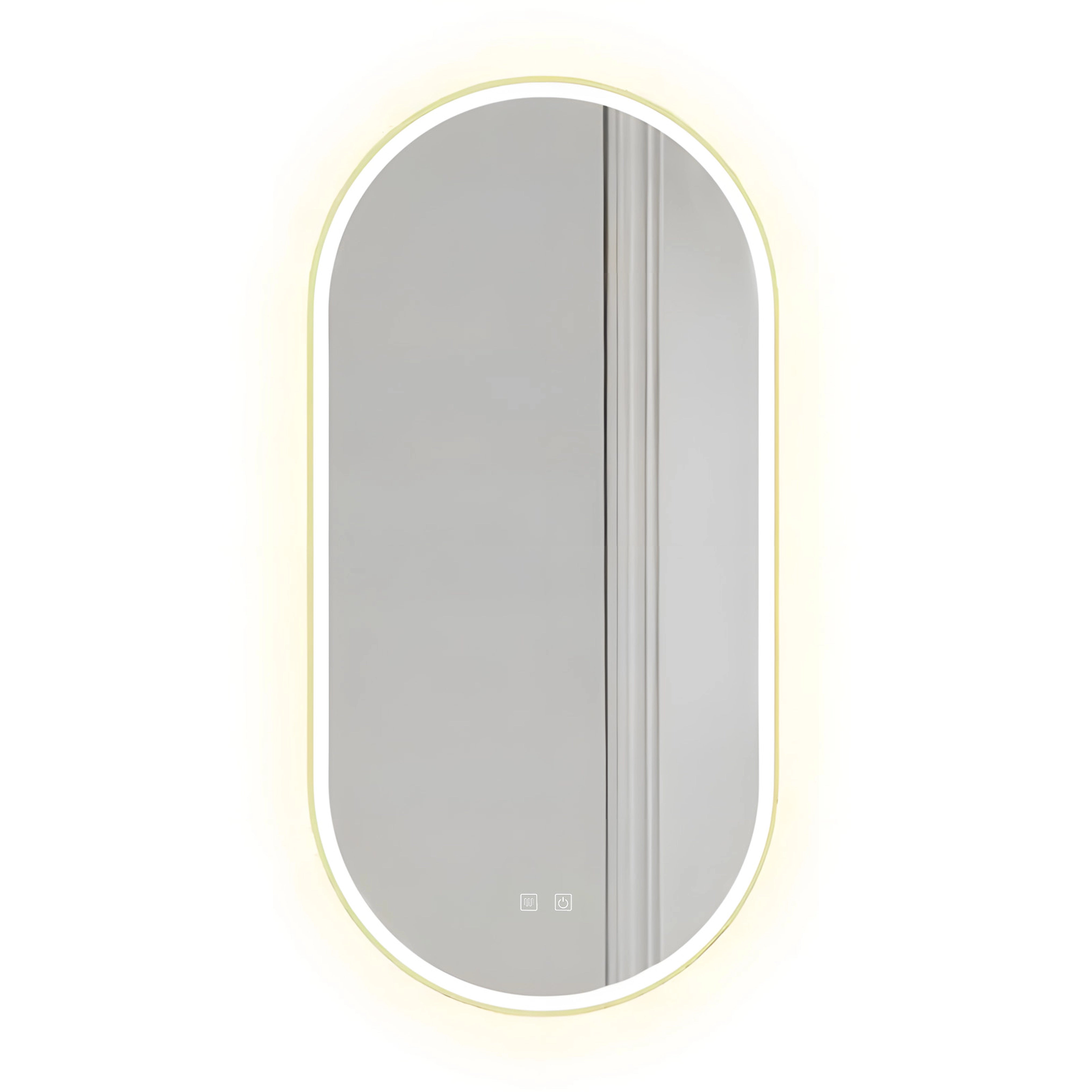 Moderner ovaler LED-Spiegel 50x100 cm mit goldfarbenem Aluminiumrahmen, dimmbarer Beleuchtung und Anti-Beschlag-Funktion
