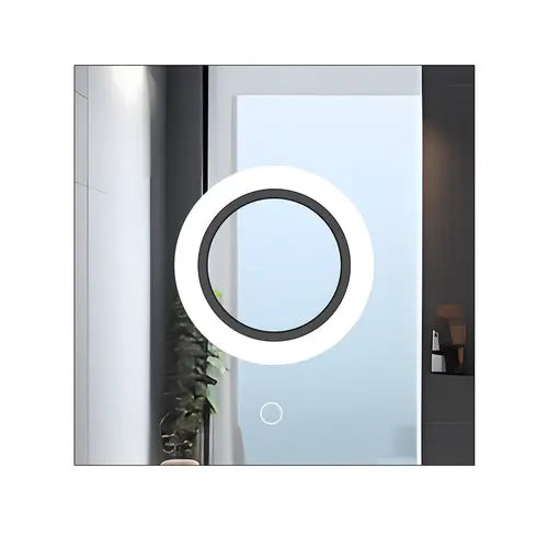 Quadratischer LED Spiegel fürs Badezimmer mit beleuchtetem Kreis, moderner Touch-Schalter und neutralem Licht