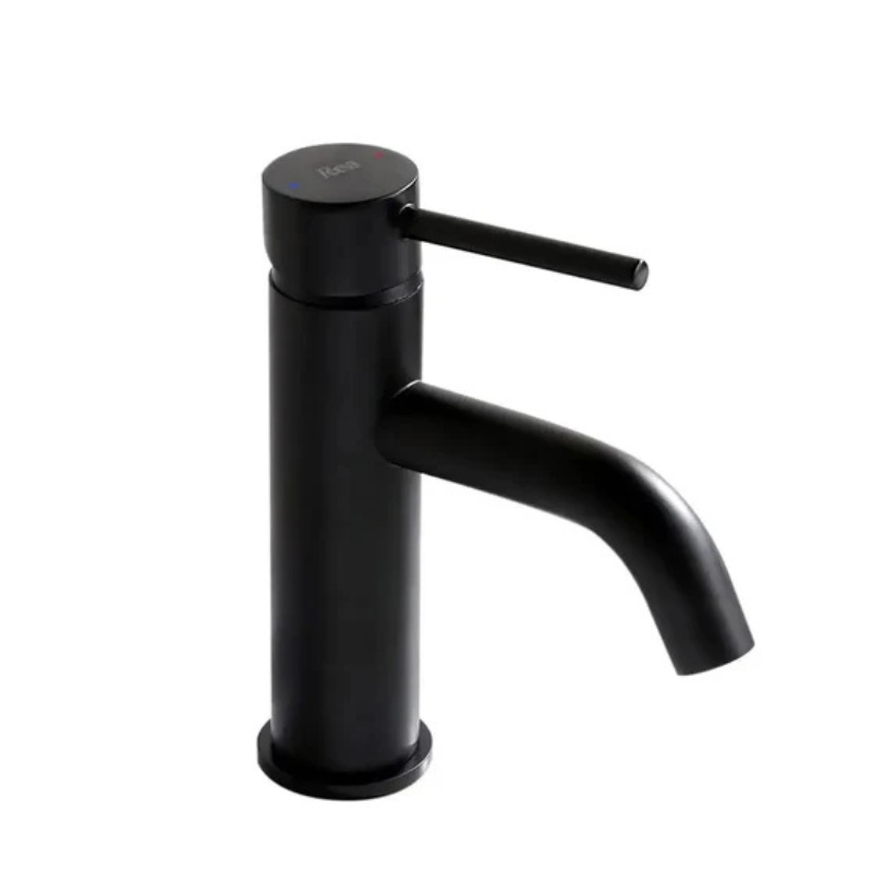 Niedrige Waschtischarmatur Lungo Schwarz Matt – kompaktes, elegantes Design, langlebiger Messingkörper, keramische Kartusche, Perlator, ideal für moderne Badezimmer.