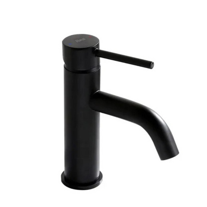 Niedrige Waschtischarmatur Lungo Schwarz Matt – kompaktes, elegantes Design, langlebiger Messingkörper, keramische Kartusche, Perlator, ideal für moderne Badezimmer.