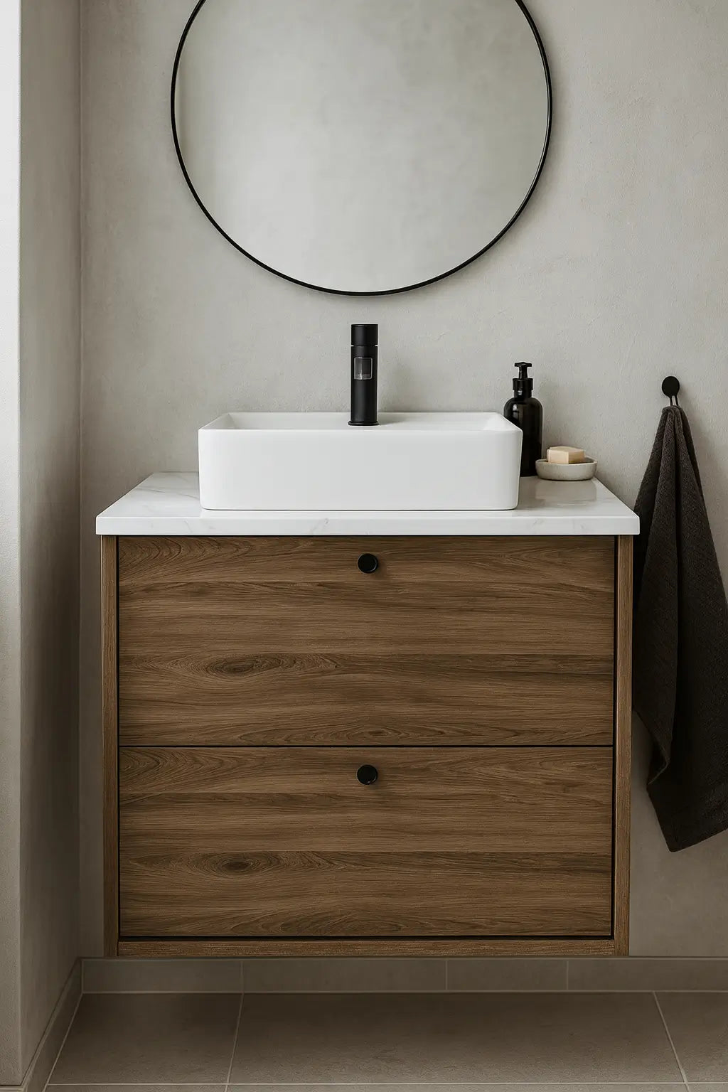 Waschtischunterschrank 60 cm, glatte Fronten Belino - Walnuss Dunkel/Marmor Bianco