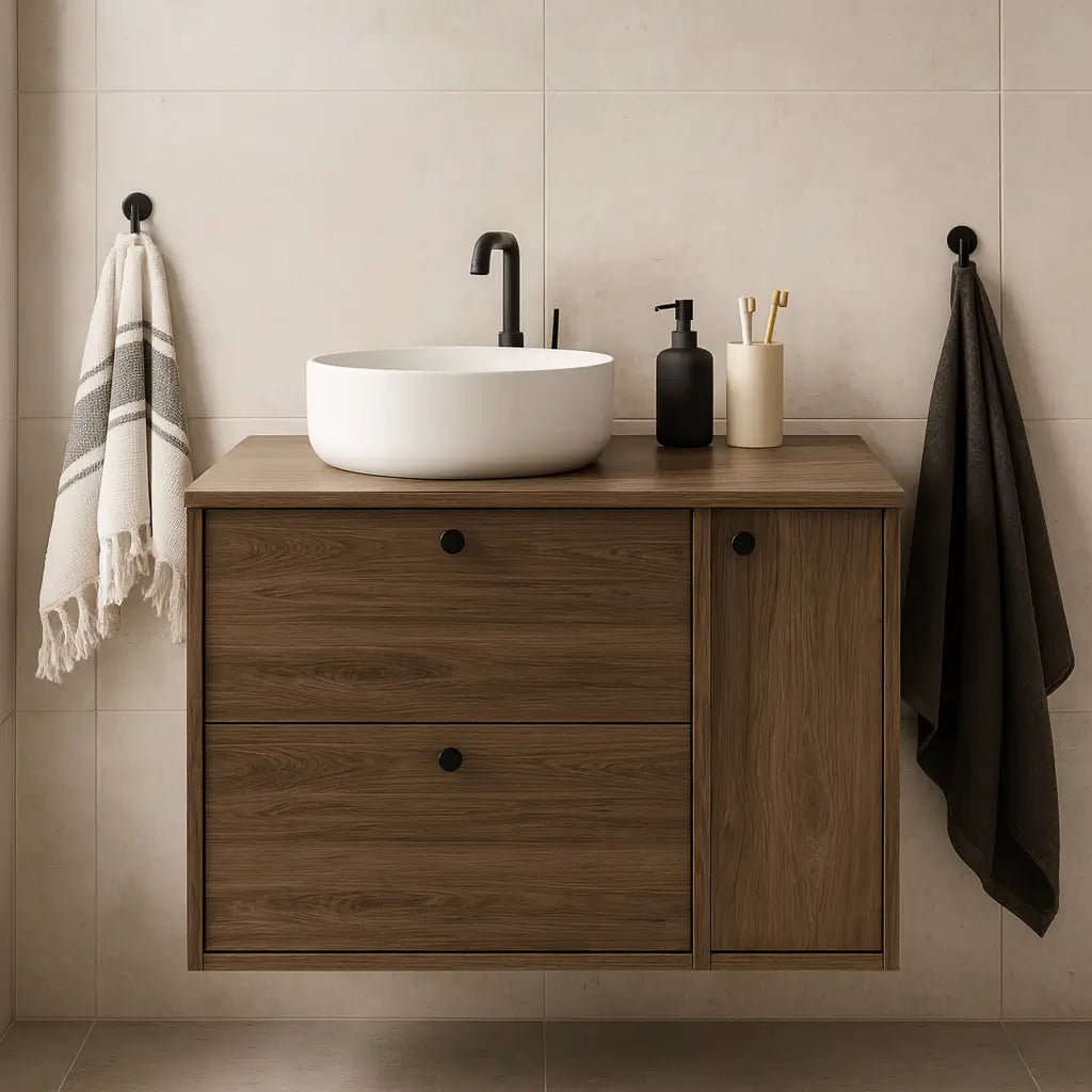 Waschtischunterschrank 80 cm mit Regal, glatte Fronten Belino - Walnuss Dunkel