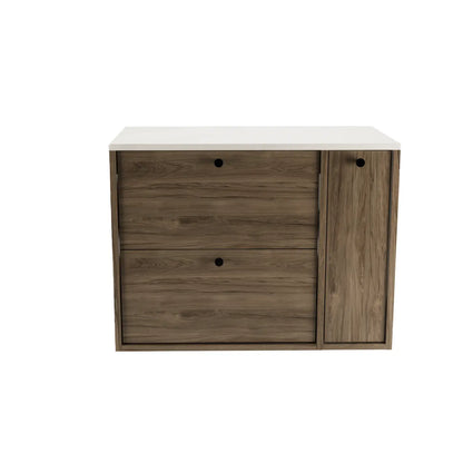 Waschtischunterschrank 80 cm mit Regal, glatte Fronten Belino - Walnuss Dunkel/Marmor Bianco