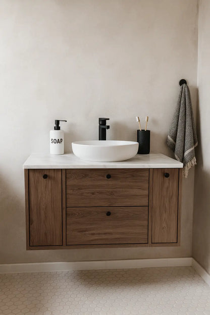 Waschtischunterschrank 100 cm mit 2 Regal, glatte Fronten Belino - Walnuss Dunkel/Marmor Bianco